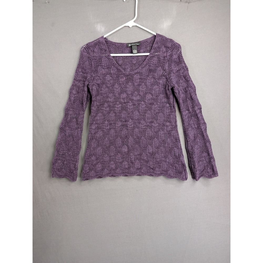 INC International Concepts Purple Open Knit Crochet V-Neck Sweater Large 8336